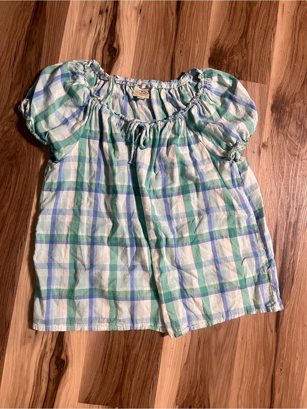 St. John's Bay Blue and Green Plaid Peasant Top